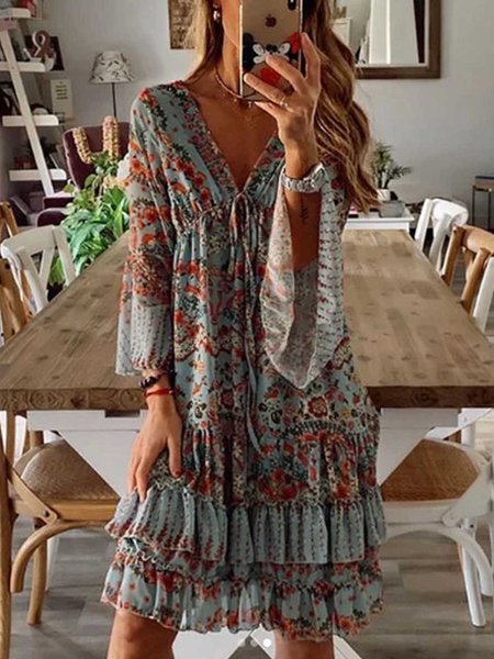 Multicolor Printed V Neck Bell Sleeve Cotton Dresses, Print Dress