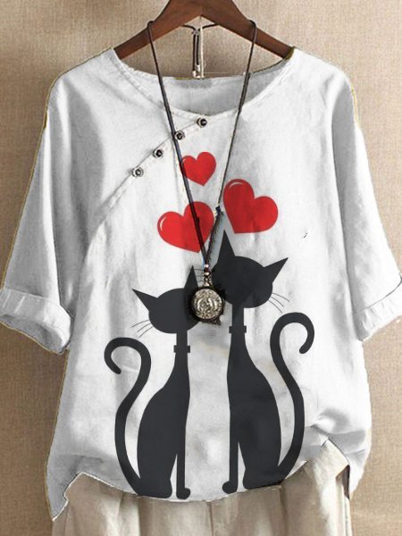 Casual Crew Neck Cotton Shift Shirts & Tops, White, Blouses