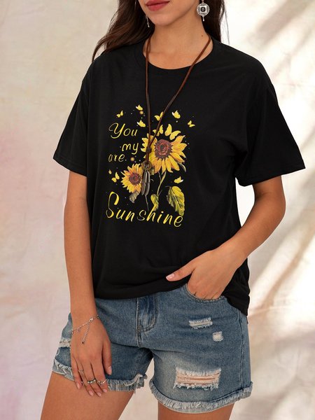 Black Shift Floral Short Sleeve Crew Neck Top, Tees