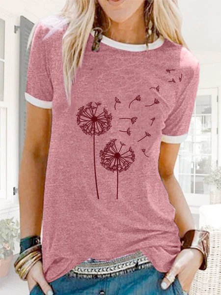 Casual printed cotton and linen loose top, Pink, Tops