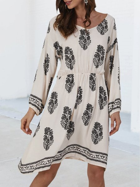 White V Neck Long Sleeve Printed Mini Dress, Mini Dresses