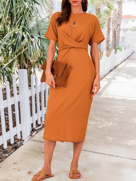 Brown Solid Elegant Crew Neck Midi Dress, Midi Dresses