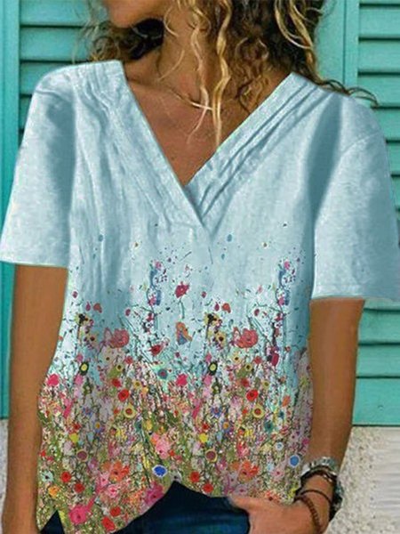 White Floral-Print Cotton-Blend Casual V Neck Tops, Blue, T-Shirts