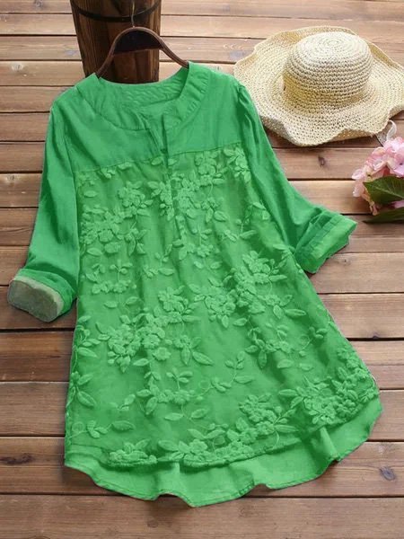 Casual Long Sleeve V Neck Plus Size Tops, Green, Shirts & Blouses
