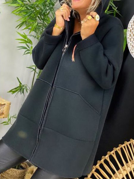 Black Long Sleeve Hoodie Zipper Casual Knit coat, Coats