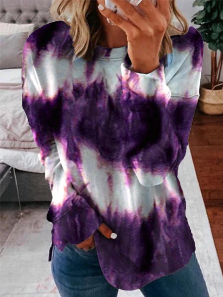 Cotton-Blend Long Sleeve Dip-Dyed Casual Shirts & Tops, Purple, Hoodies & Sweatshirts