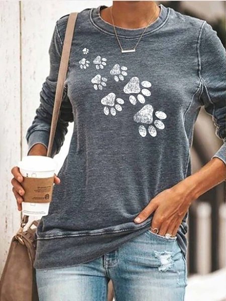 Women's Paw Print Long Sleeve Top, Gray, Sweatshirts & Hoodies