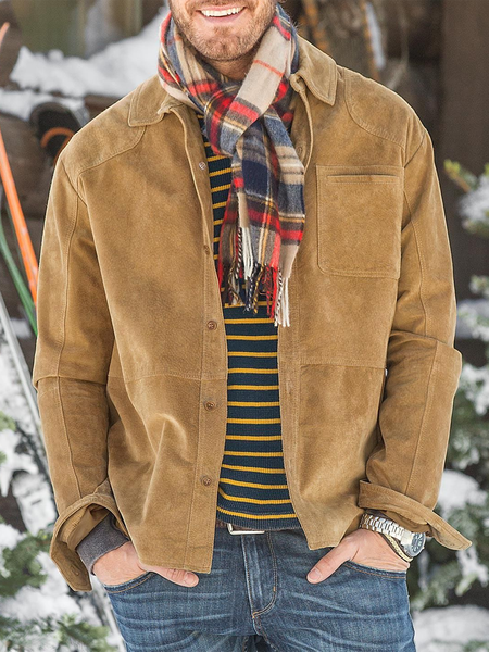 Brown Plain Shirt Collar Vintage Faux Suede Outerwear, Men's Clothing