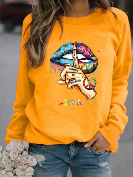 Long Sleeve Crew Neck Printed Sweatshirt, Yellow, Hoodies & Sweatshirts