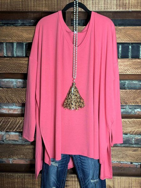 V-neck Solid Color Casual Long T-shirt, Rose red, Tees & T-shirts