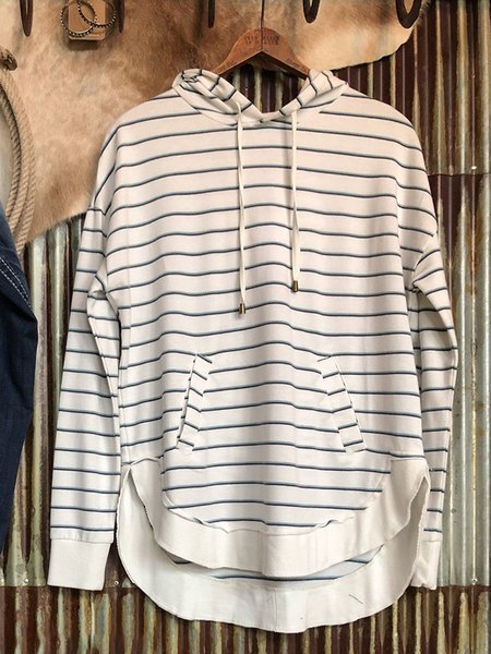 White Striped Cotton-Blend Long Sleeve Sweatshirts, Hoodies & Sweatshirts