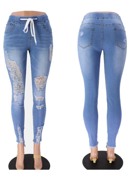 Elastic Hole Tight-fitting Hip-lifting Elastic Adjustable Pants Jeans, Light blue, Jeans