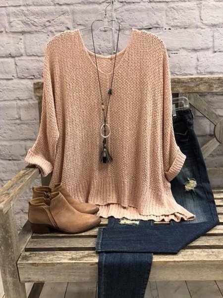 Casual Cotton-Blend O-Neck Shirts & Tops, Pink, Tops