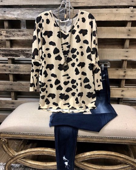 Cotton-Blend Long Sleeve Leopard Shirt & Top, Yellow, Tops