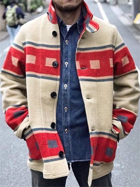 Men's Red Printed Tribal Basic Outerwear, Jackets& Coats