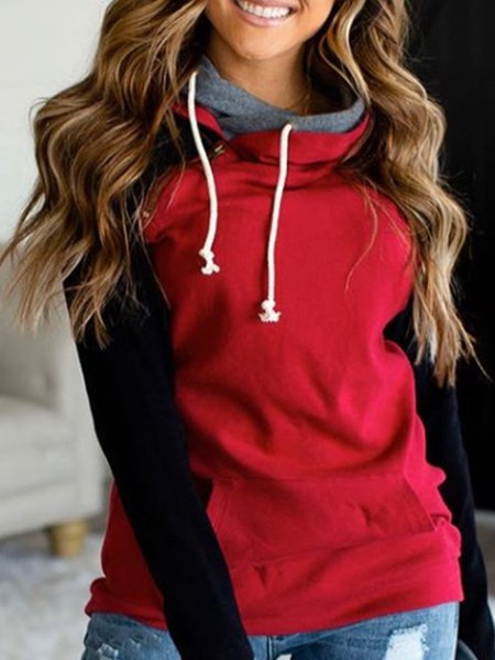 Red Casual Patchwork Long Sleeve Sweatshirt, Hoodies&Sweatshirts