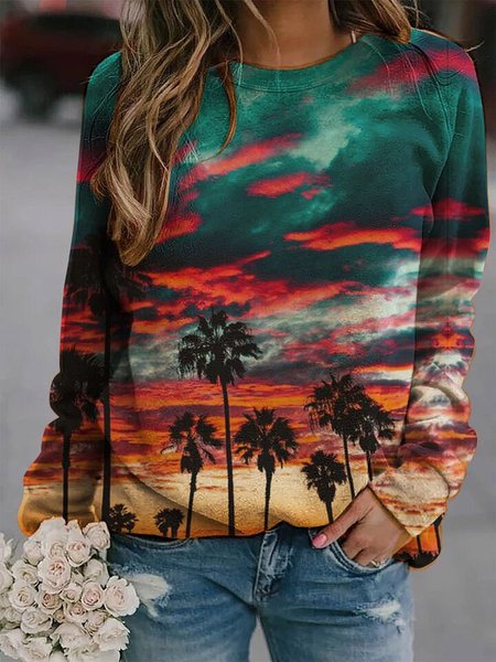 Plant print loose casual Sweatshirts, Green, Tops