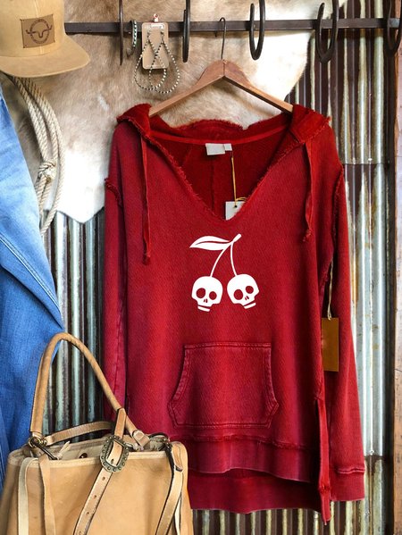 Casual Print Long Sleeve Hoodie, Red, Hoodies&Sweatshirts