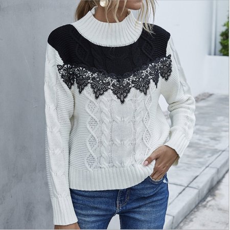 Lace Embellished Contrast Color Crew-Neck Sweater, White, Pullovers