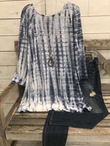 Casual Long Sleeve Round Neck Plus Size Tops, Gray, Tops