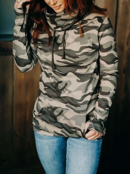 Camouflage Cowl Neck Casual Sweatshirt, Hoodies&Sweatshirts