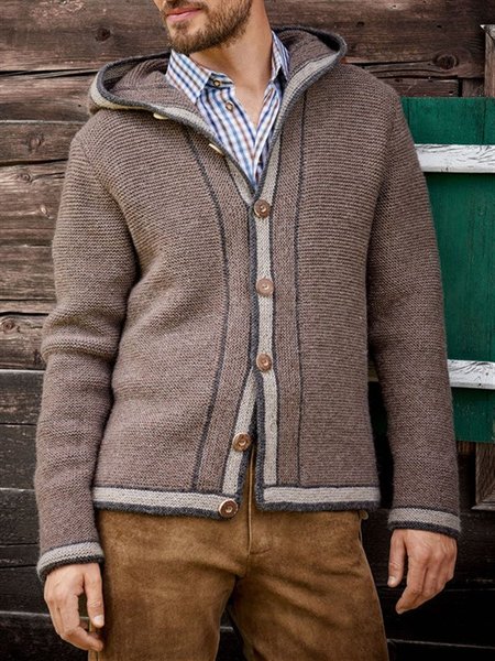 Casuale Felpa Con Cappuccio Solido Maglione Marrone Chiaro Misto Lana, Men's Top