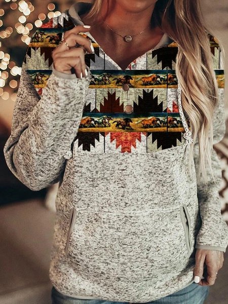 Cotton-Blend V Neck Long Sleeve Floral Sweatshirts, Gray, Hoodies & Sweatshirts