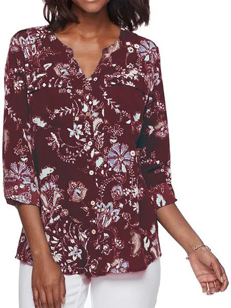 verde Chiffone Floreale 3/4 Manica Camicetta & Top, Vino rosso, Blouses & Shirts