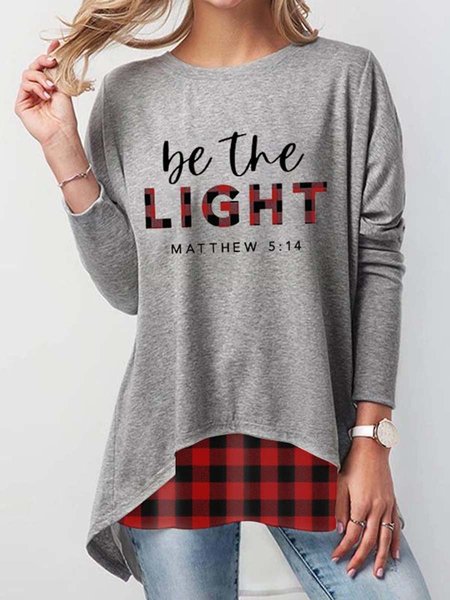 Be The Light Mattew 5:14 Print Plaid Stitching Top, Gray, Tops