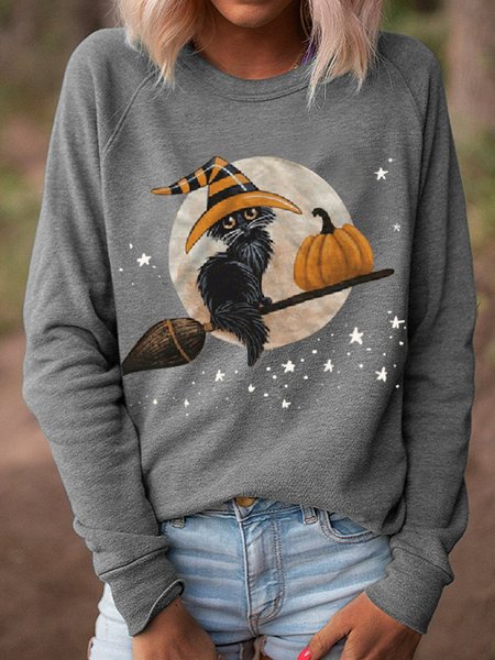 Women's Halloween Printed Casual Long Sleeve T-Shirt, Gray, Hoodies&Sweatshirts