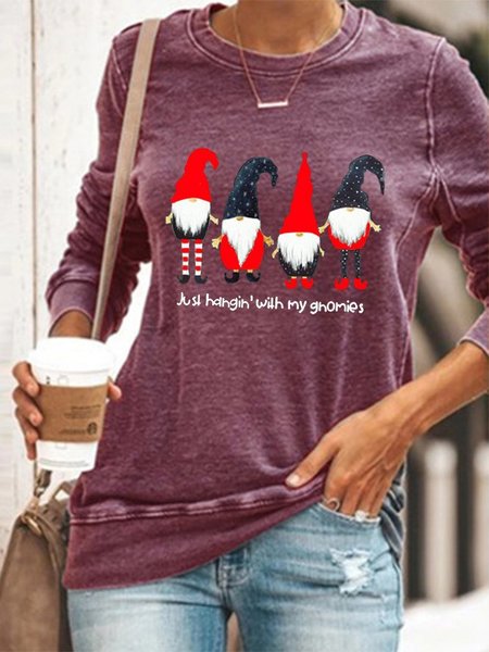 Casual Christmas Snowman Printed Crew Neck T-shirt, Wine red, Tees & T-shirts