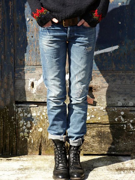 Dritto Pantaloni Blu lavato Spazzolato Strappato Casuale Denim, Jeans