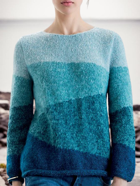 Blue Long Sleeve Color-Block Sweater, Sweaters