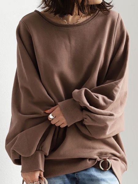 Maniche Lunghe Semplice Top Colore Caffè, Hoodies & Sweatshirts