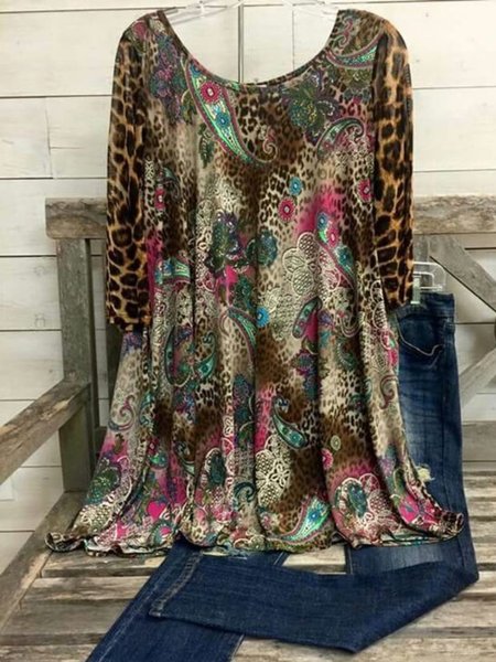 Casual 3/4 Sleeve Round Neck Plus Size Printed Tops, Brown, Blouses