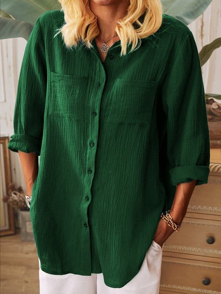 Casuale Colletto a Camicia Dritto Top Verde Cotone, Blouses & Shirts