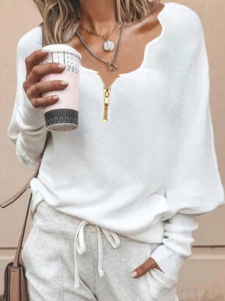 V Neck Long Sleeve Cotton-Blend Sweater, White, Cardigans & Sweaters
