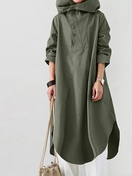 A-line Maniche Lunghe Cotone Top, Verde, Midi Dresses