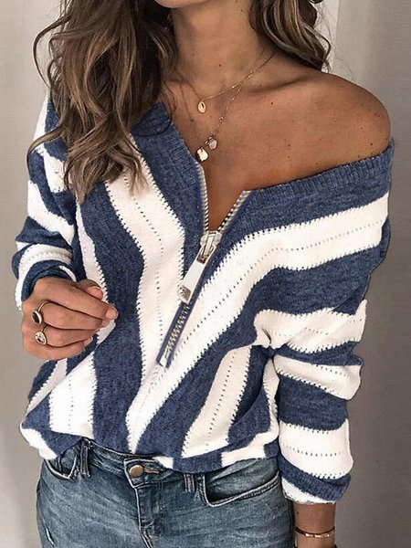 Blu Marino Dritto Spalla Nuda Cerniera Casuale Maglione, Sweater