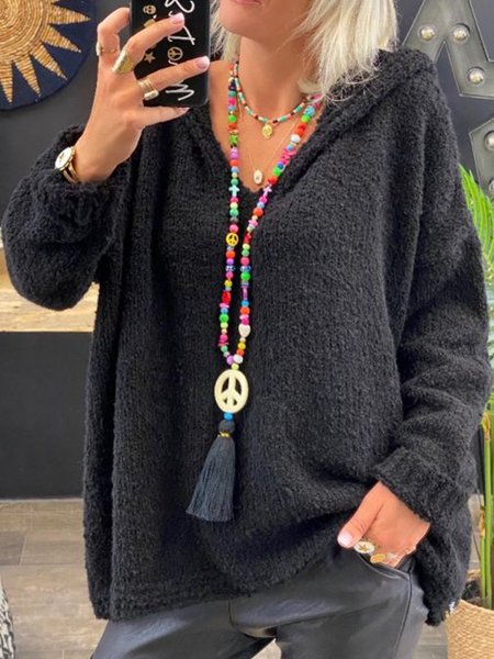 Black Casual Hoodie Plain Sweater, Tops