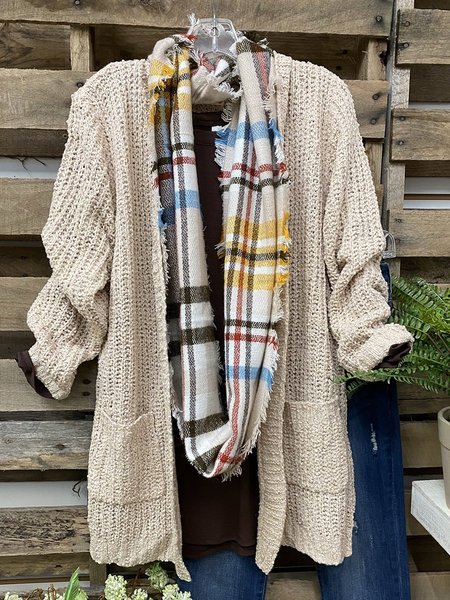 Apricot Casual Plain Long Sleeve Sweater, Sweaters