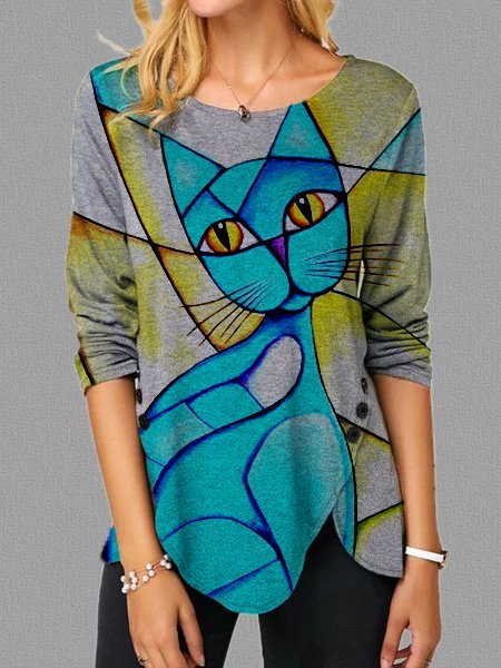 Maniche Lunghe Dritto Geometrico Top Grigio Cotone, Blouses & Shirts