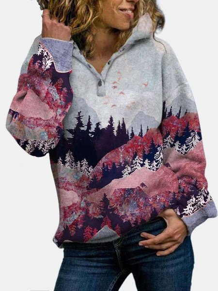 

Forest Print Long Sleeve Casual Cotton-Blend Hoodie Sweatshirt, Red, Hoodies & Sweatshirts