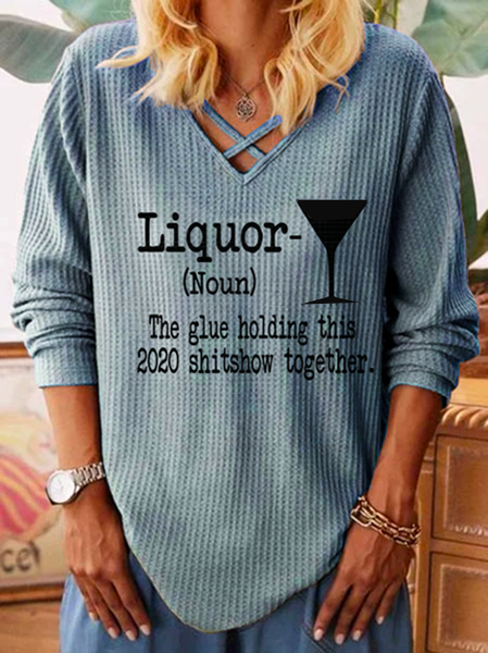 Blu Scollo a V Lettera Maniche Lunghe a Maglia Top, Blouses & Shirts
