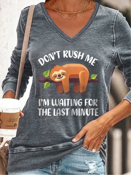Sloth Print Long Sleeve V-Neck Loose Sweatshirt, Gray, Hoodies&Sweatshirts
