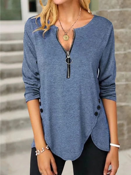 Top Blu Scollo a V Solido Maniche Lunghe Cerniera, Blouses & Shirts