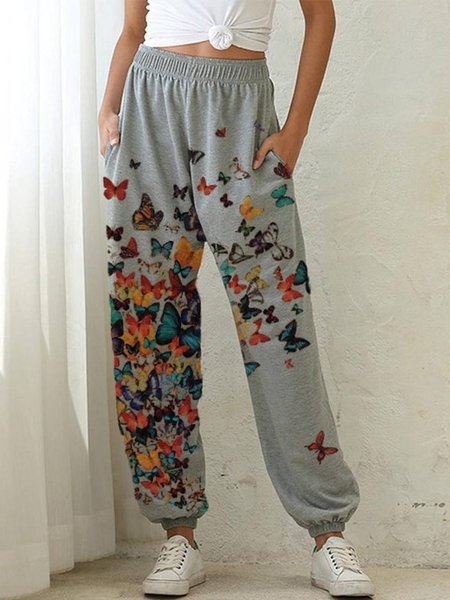 Pantaloni Quotidiano Stampato Floreale Casuale Farfalla, Grigio, Pants
