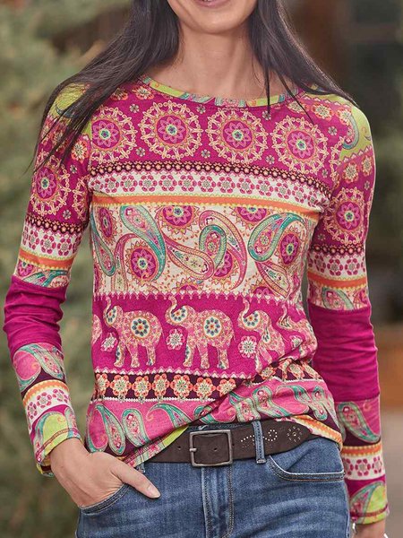 Cotton-Blend Printed Floral Long Sleeve Shirts & Tops, Rose red, Tops