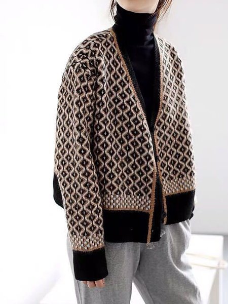 V Neck Long Sleeve Boho Shift Sweater, Deep brown, Sweaters