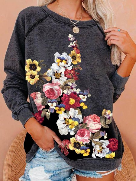 Print Round Neck Casual Loose Sweatshirt, Black, Hoodies&Sweatshirts
